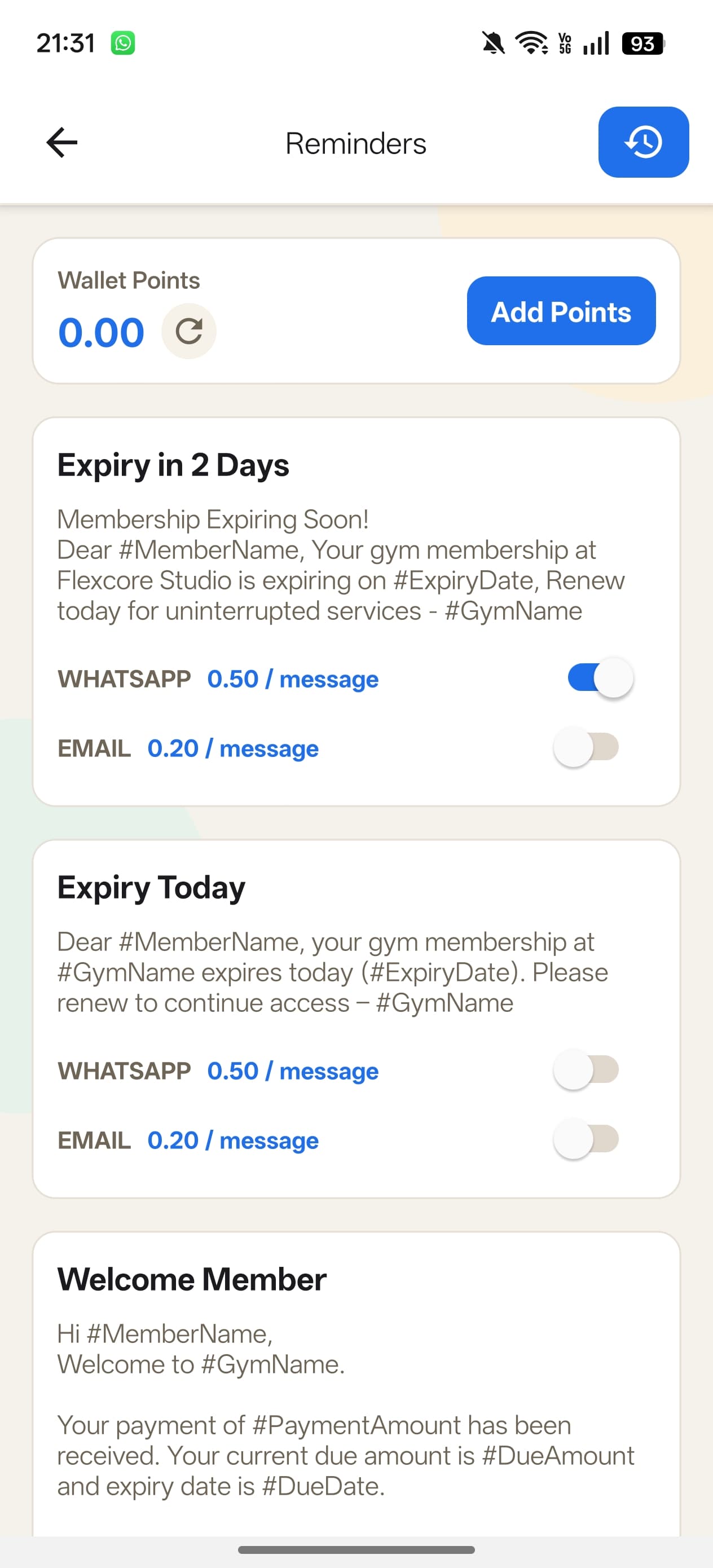 Gymzee WhatsApp reminders